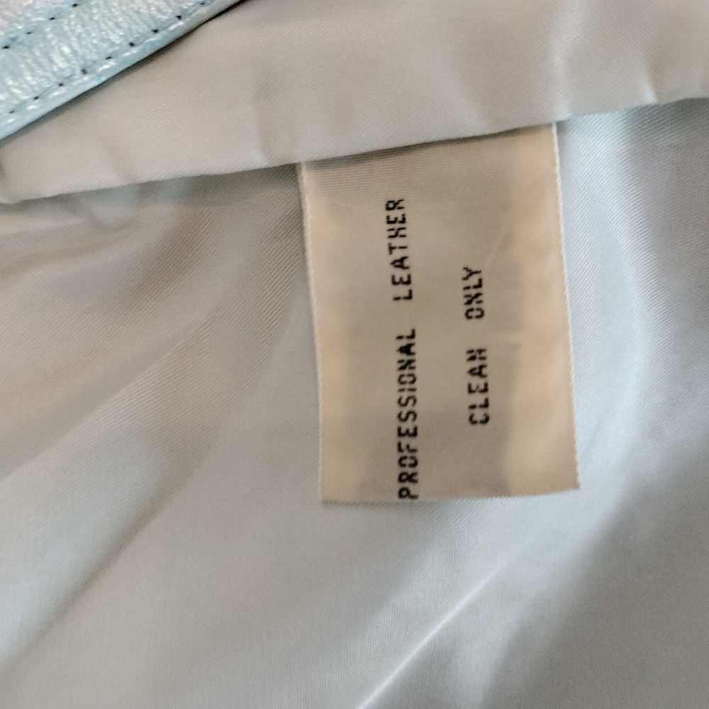 Vintage 80s BRAEFAIR Leather trench coat, Artsy Icy Blue wearable art, S 8 - Picture 10 of 14